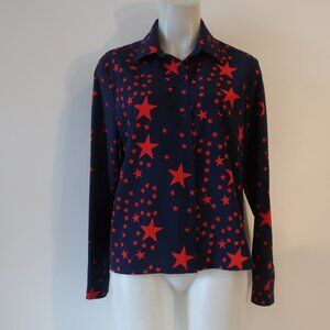 Womens Lucca Navy Blue, Red Stars Button Down Shirt L